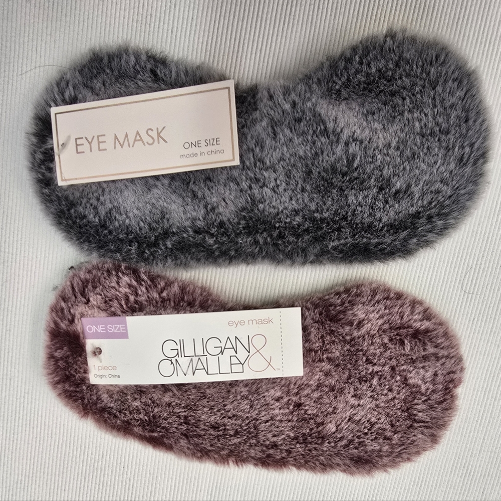 2 Fluffy Plush Faux Fur Eye Mask, Burgundy & Gray - One Size
